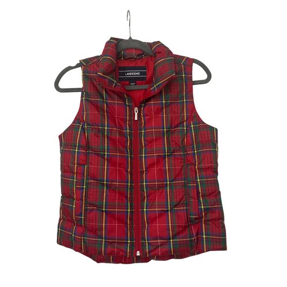Lands' End Down Puffer Vest Holiday Winter Red Tartan Plaid Size Women's XS - Picture 1 of 4